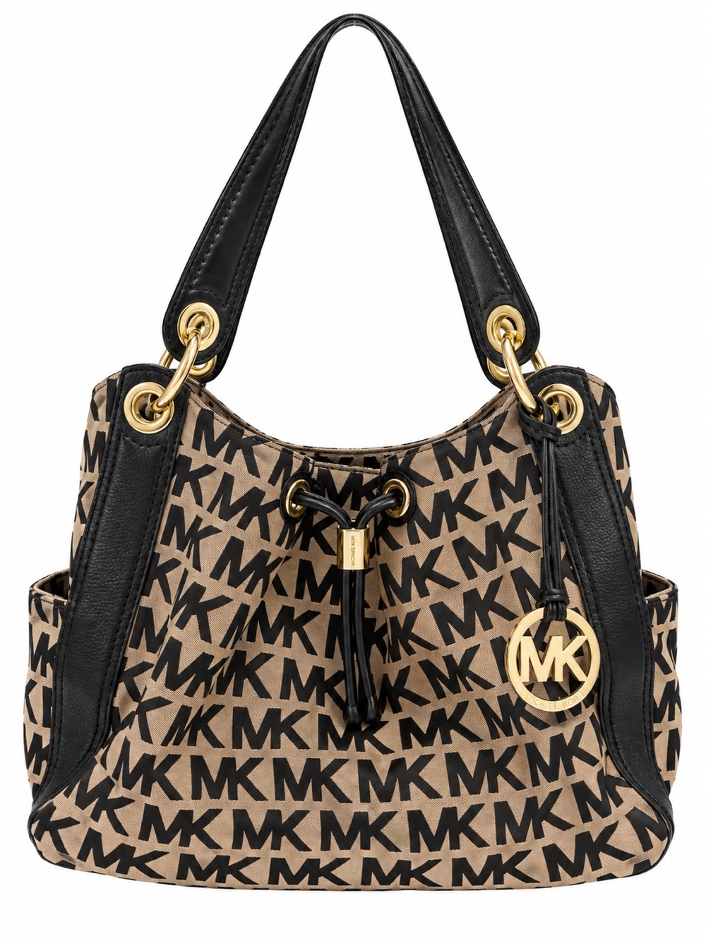 Michael Kors Ludlow Drawstring Monogram Jacquard Shoulder Bag Black Tan Gold
